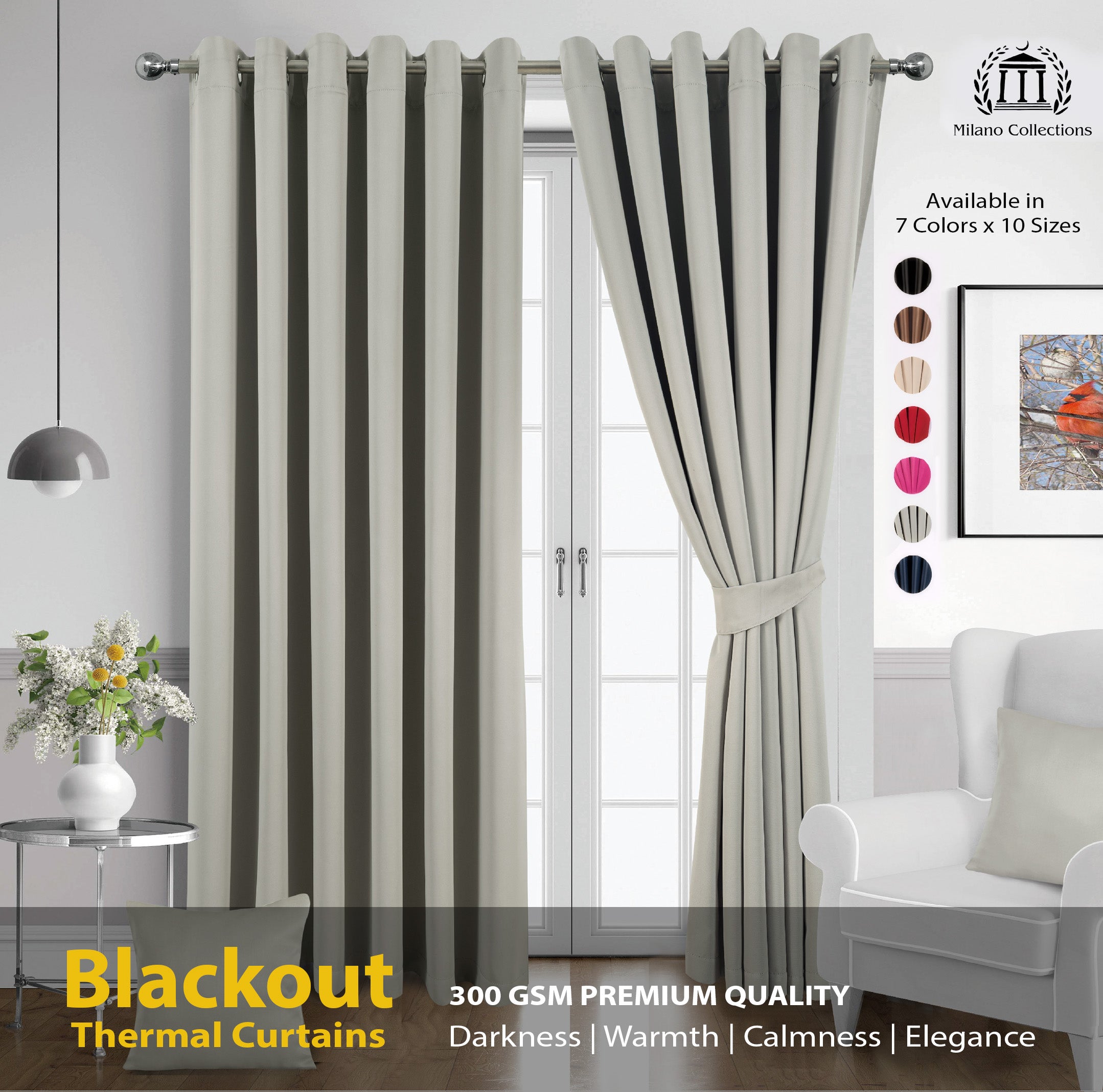 Silver Grey Blackout curtains Eyelet Ready Made Pair & 2 Tie Backs