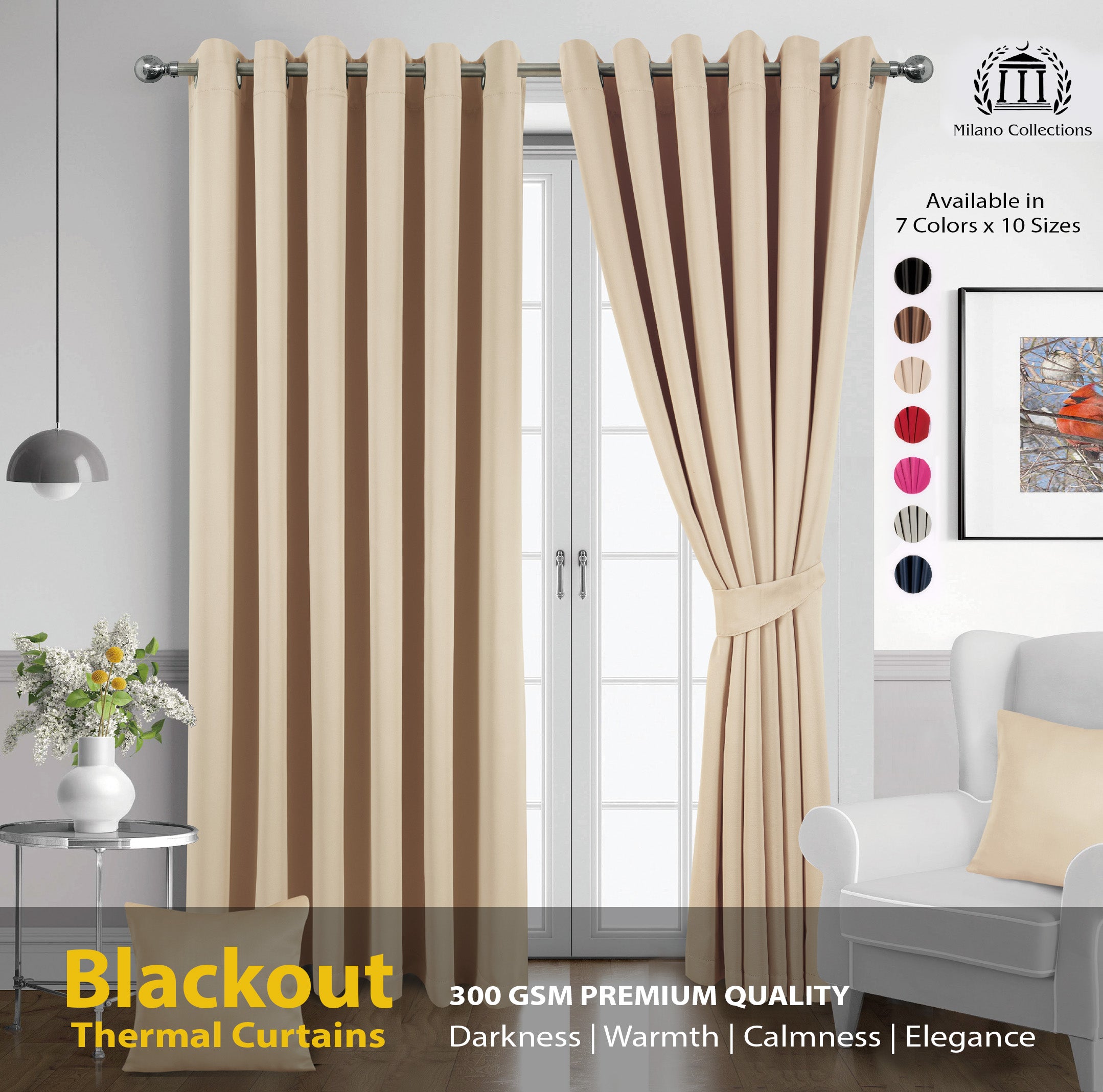 Beige Blackout curtains Eyelet Ready Made Pair & 2 Tie Backs