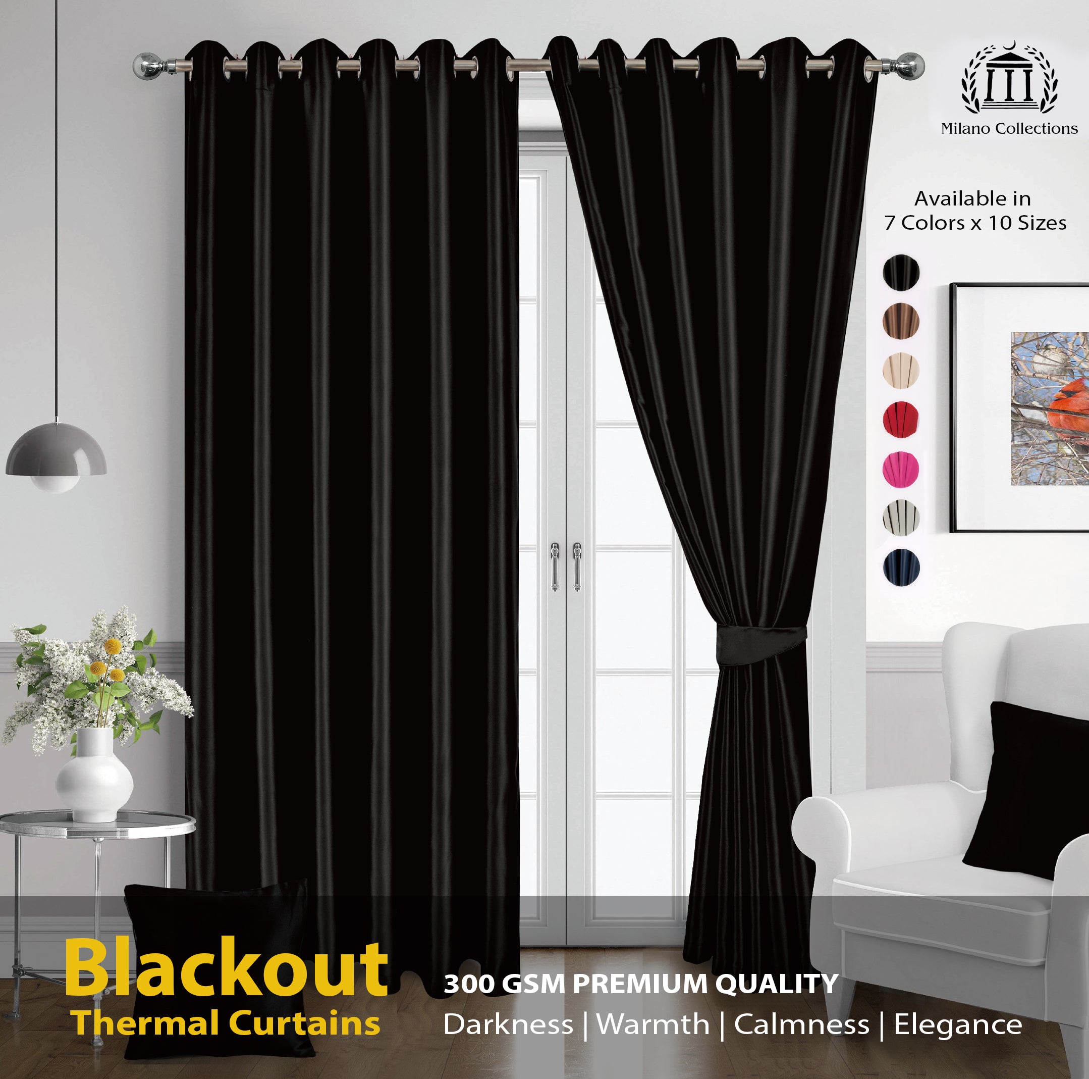Black Blackout curtains Eyelet Ready Made Pair & 2 Tie Backs