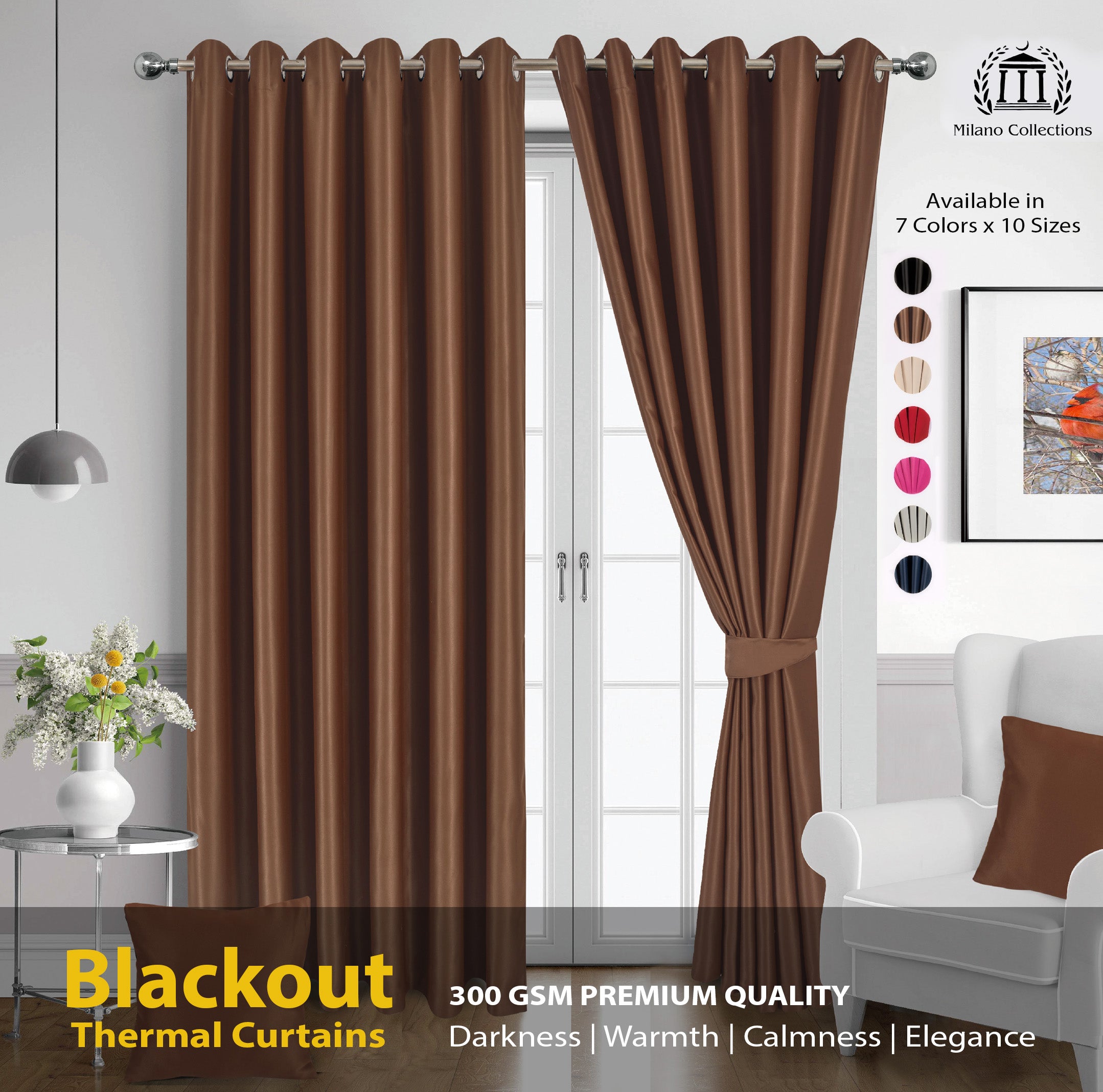 Brown Blackout curtains Eyelet Ready Made Pair & 2 Tie Backs