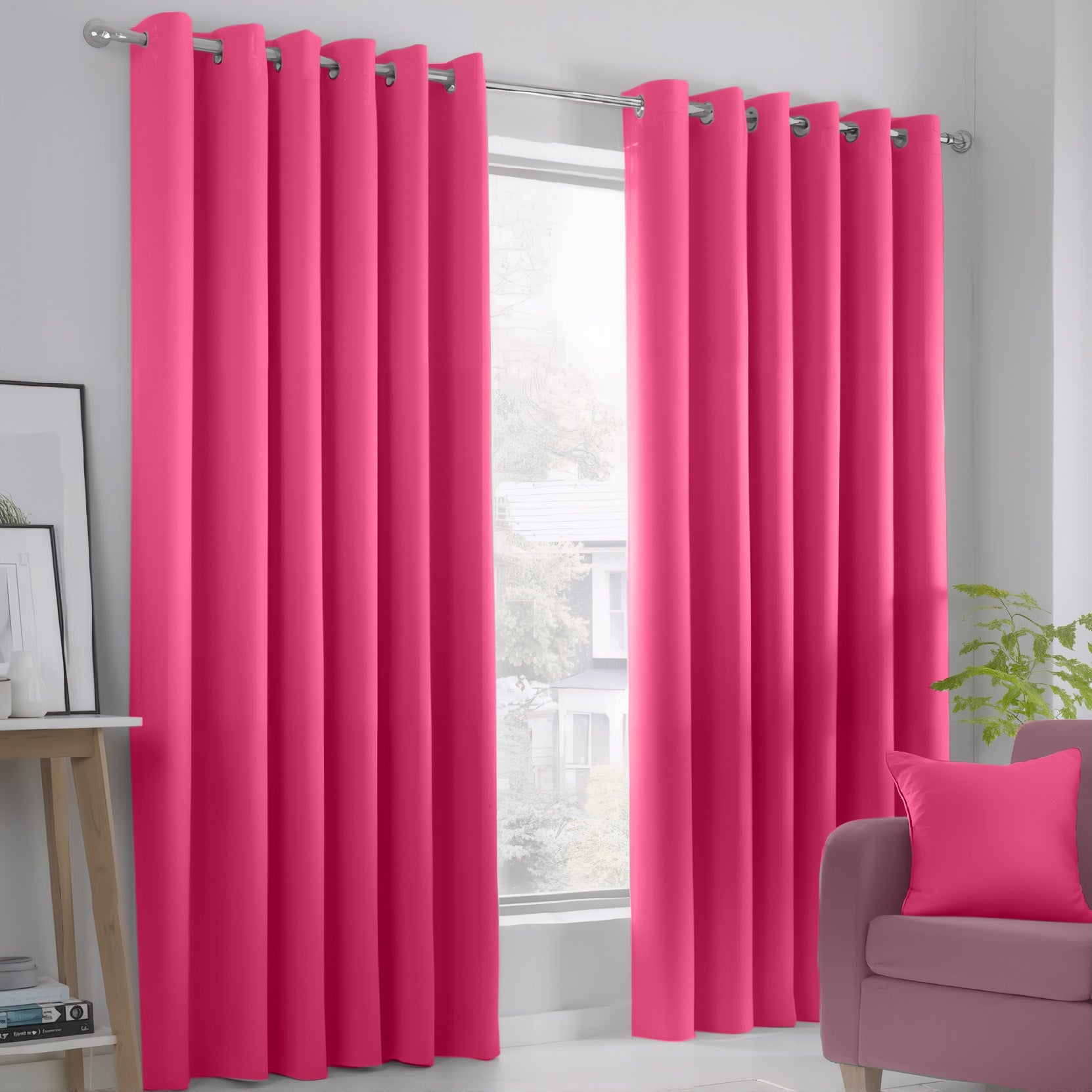 Fuchsia Pink Blackout curtains Eyelet Ready Made Pair & 2 Tie Backs