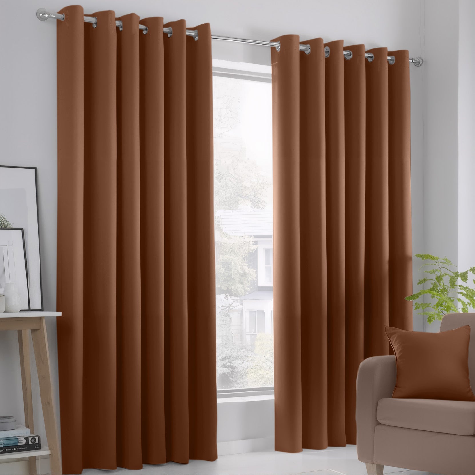 Brown Blackout curtains Eyelet Ready Made Pair & 2 Tie Backs