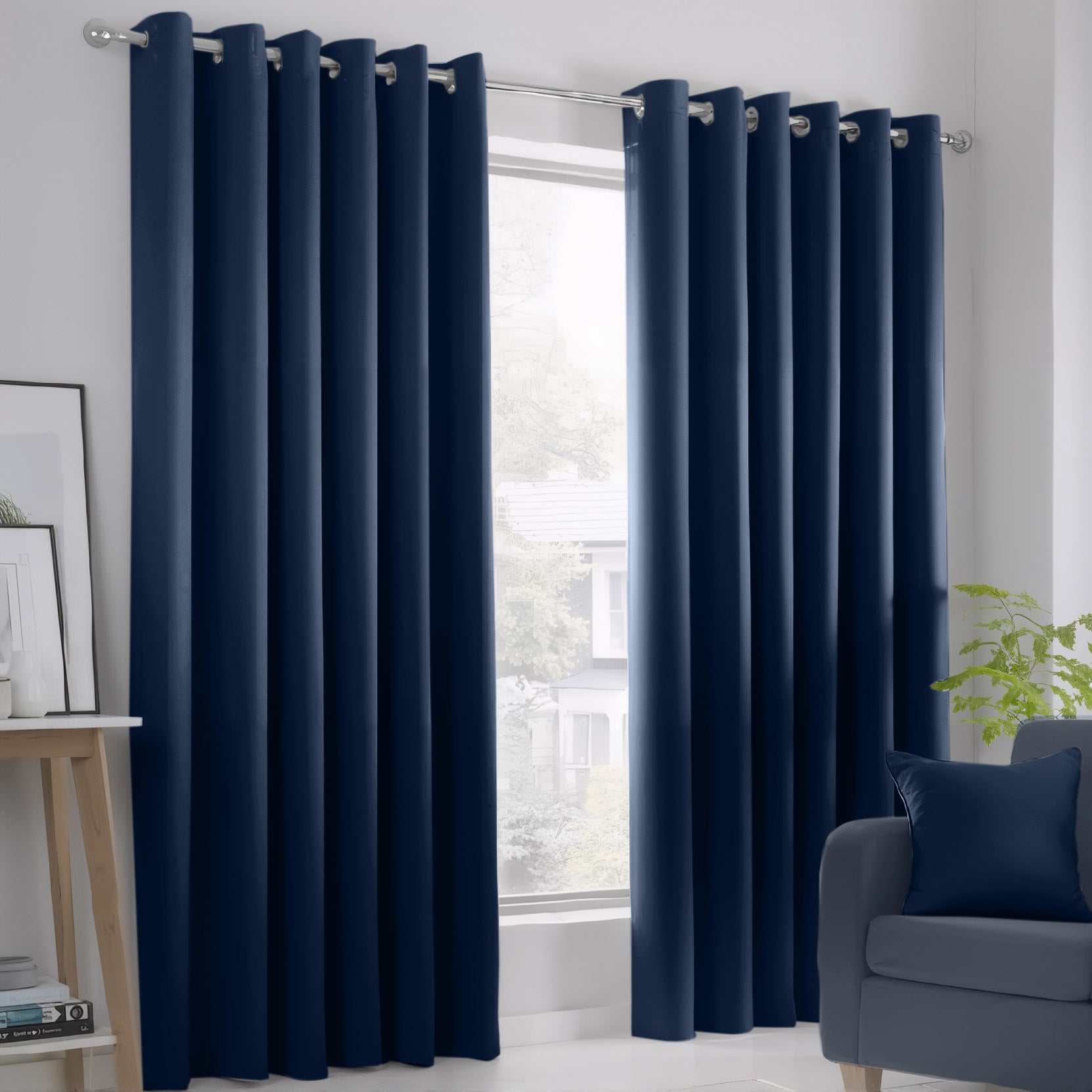 Navy Blue Blackout curtains Eyelet Ready Made Pair & 2 Tie Backs
