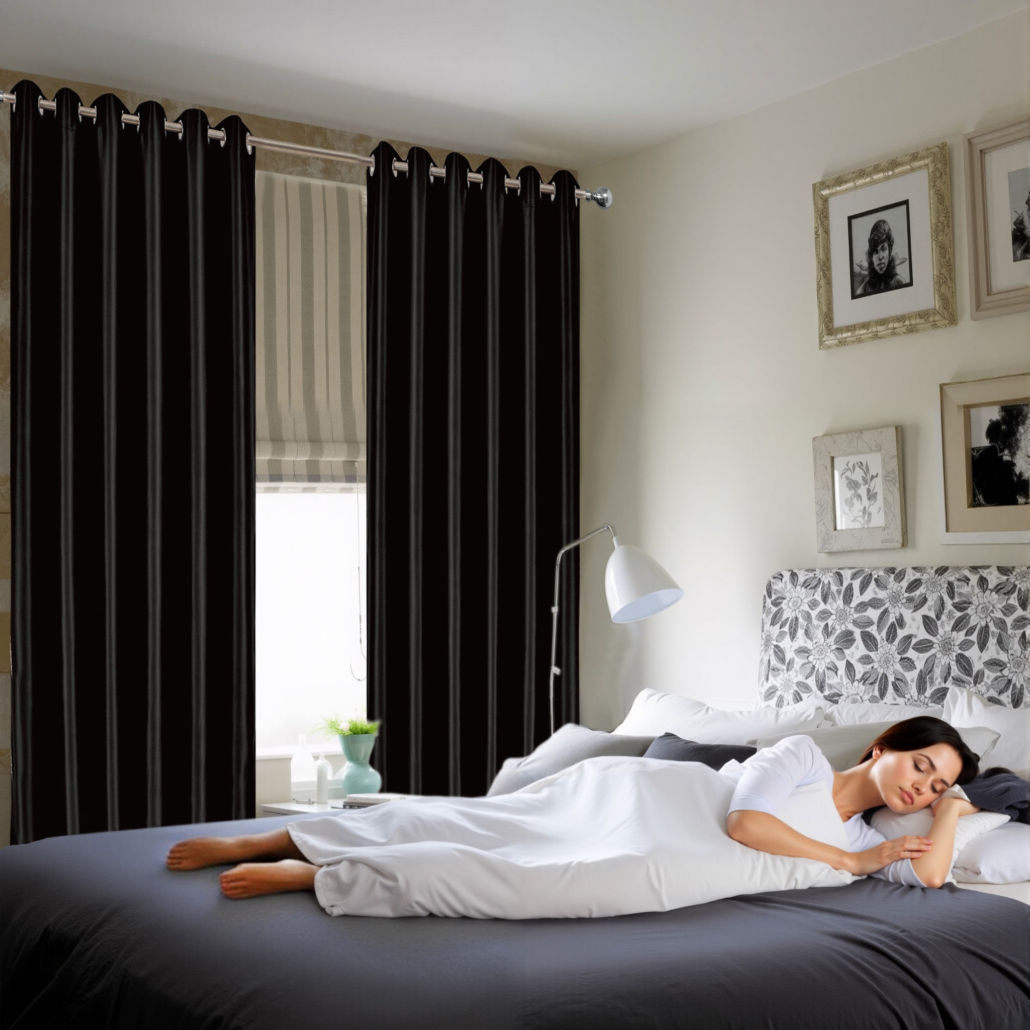 Black Blackout curtains Eyelet Ready Made Pair & 2 Tie Backs