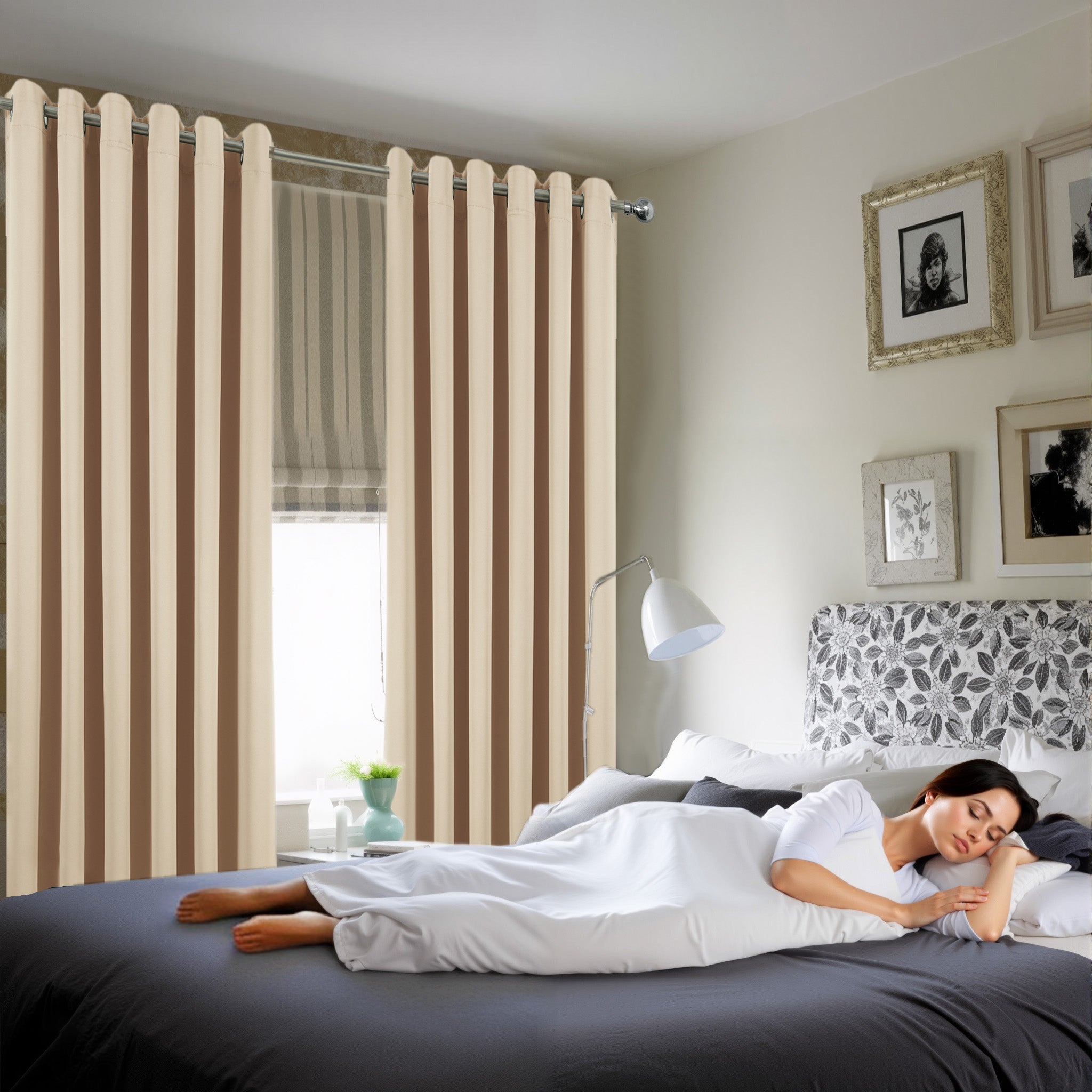 Beige Blackout curtains Eyelet Ready Made Pair & 2 Tie Backs