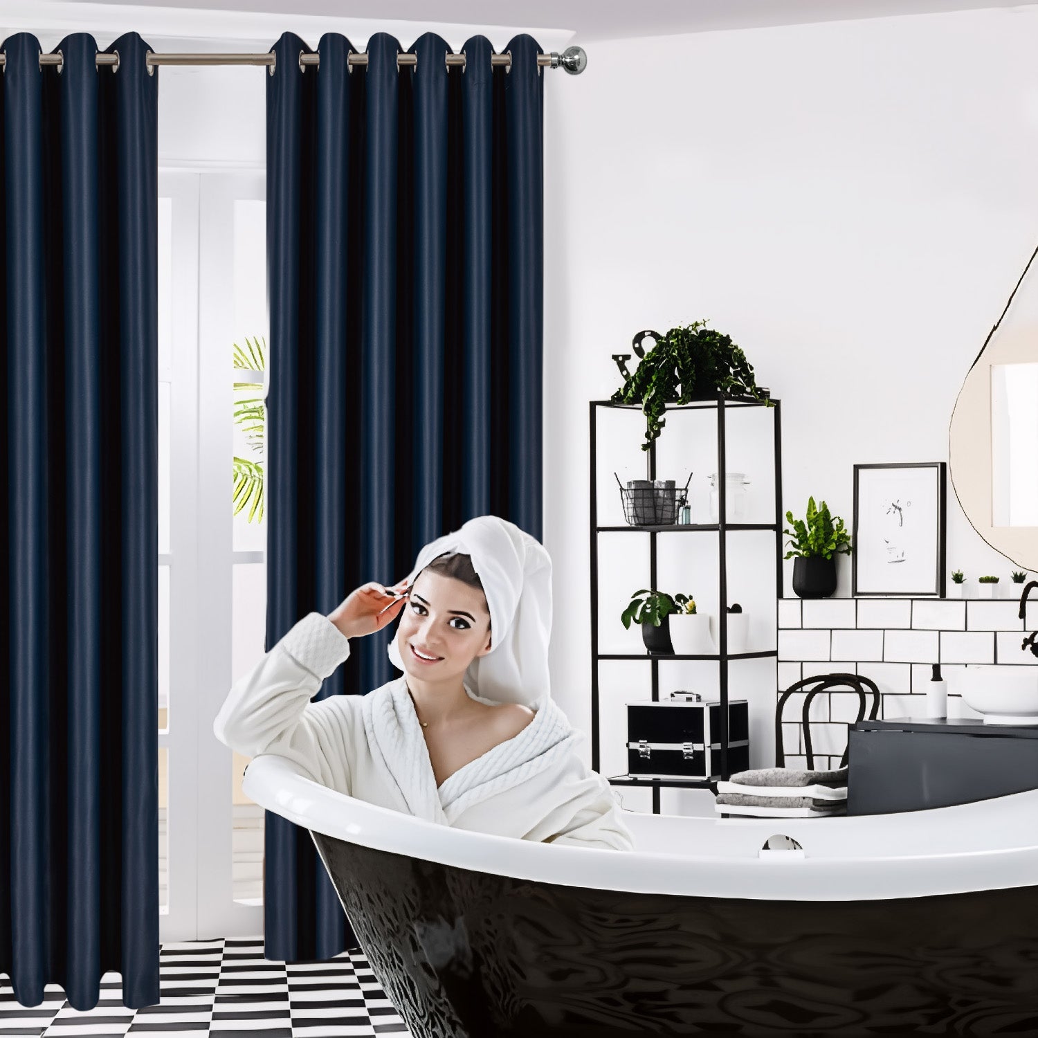 Navy Blue Blackout curtains Eyelet Ready Made Pair & 2 Tie Backs