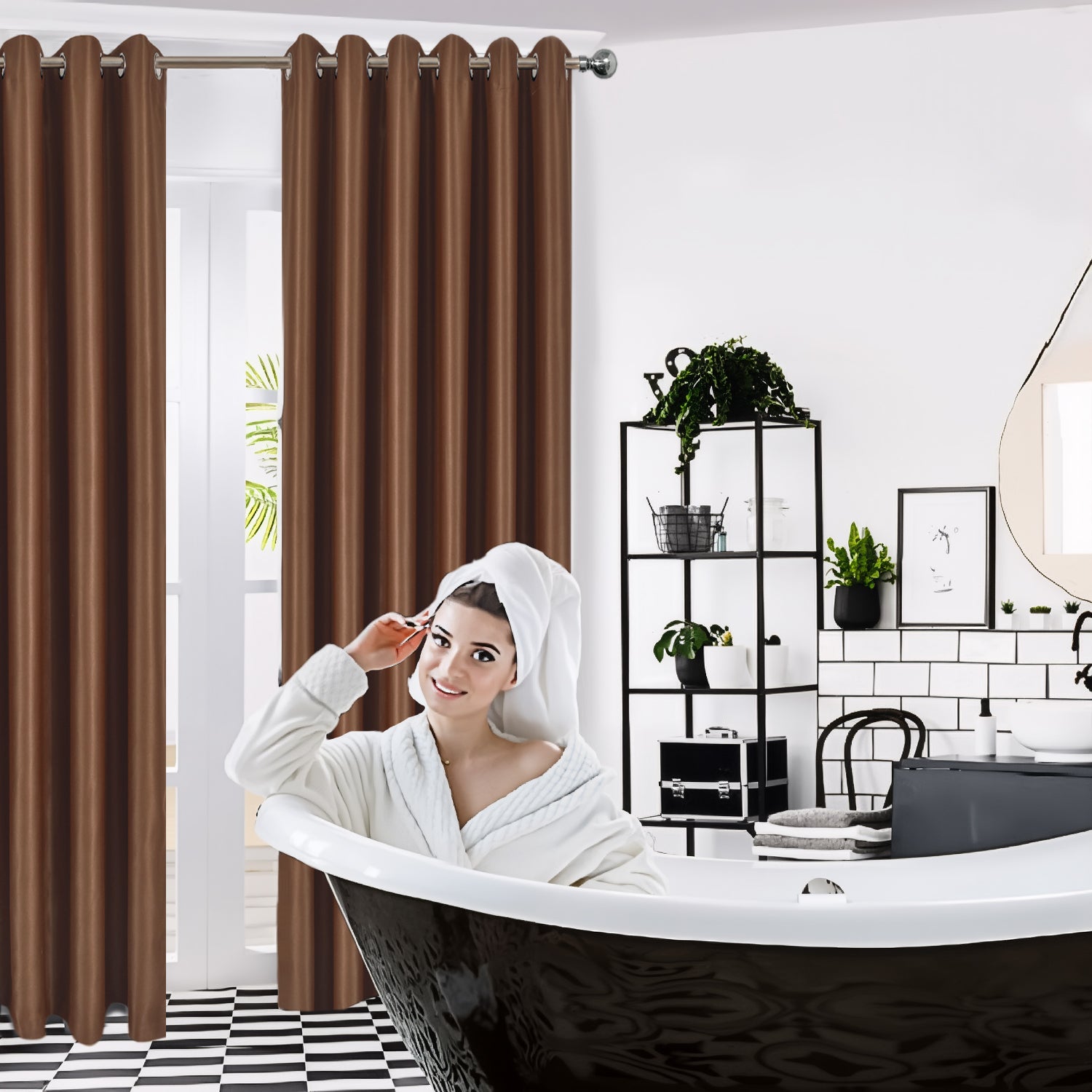 Brown Blackout curtains Eyelet Ready Made Pair & 2 Tie Backs