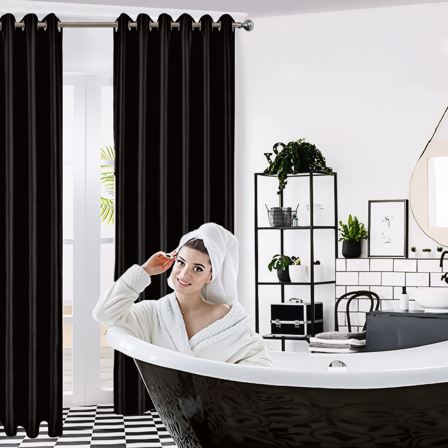 Black Blackout curtains Eyelet Ready Made Pair & 2 Tie Backs