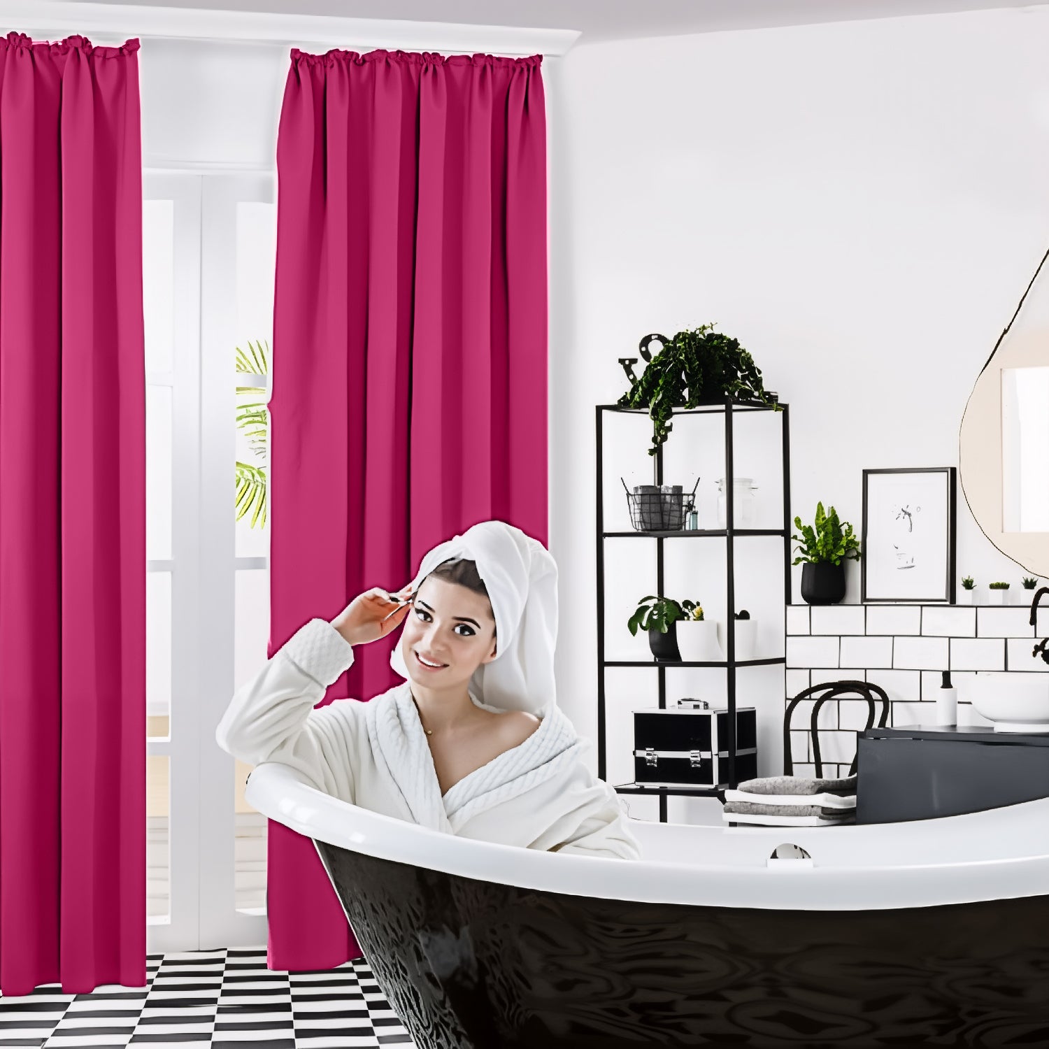 Fuchsia Pink Blackout curtains Eyelet Ready Made Pair & 2 Tie Backs